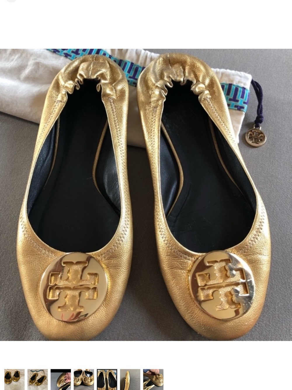 Tory Burch Metallic Gold Leather Ballet Flats with Logo